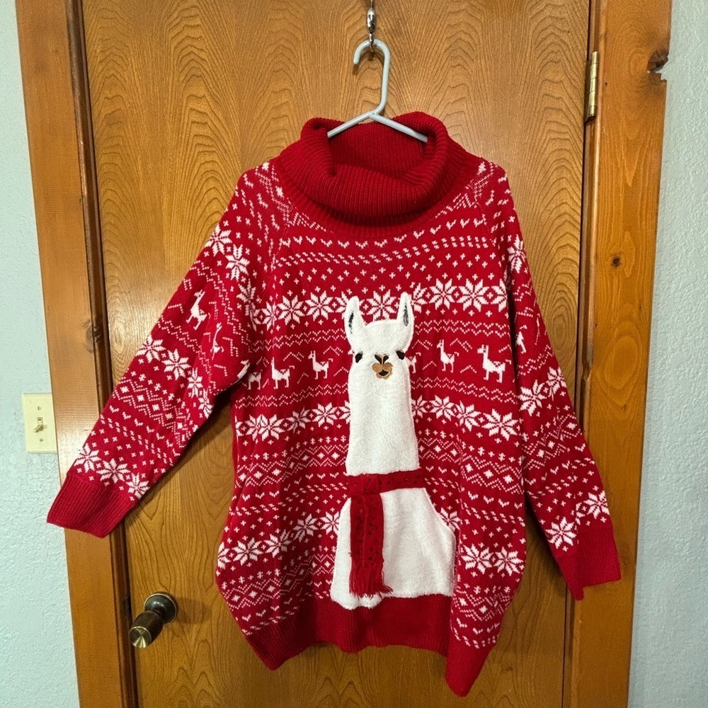 Festive Red Llama Turtleneck Sweater